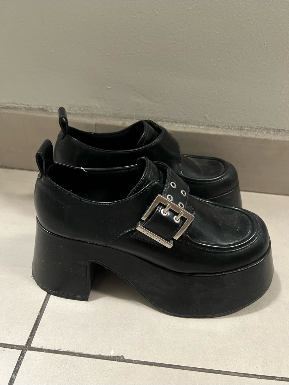 Charles & Keith Black Platform Buckle Mules